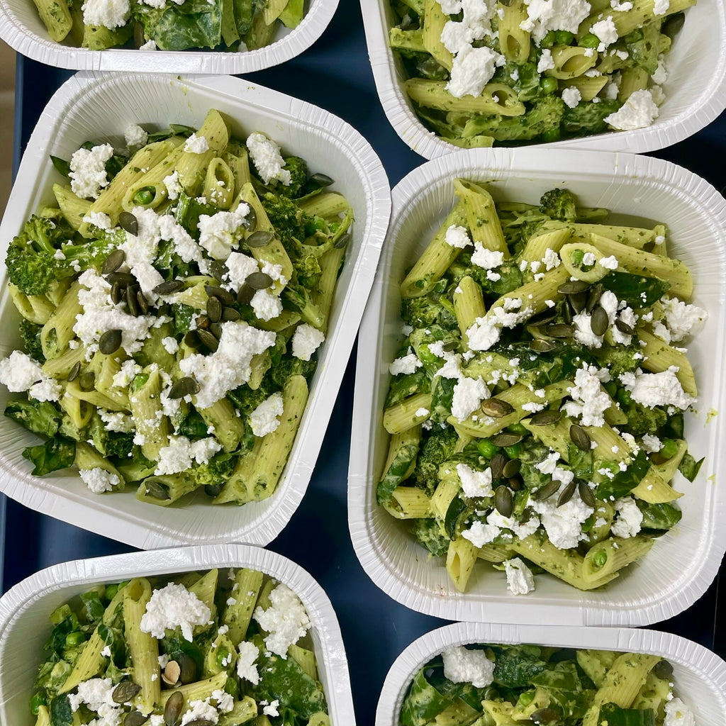READY IN 5 - Pesto Pasta with Veges, Feta & Pumpkin Seeds